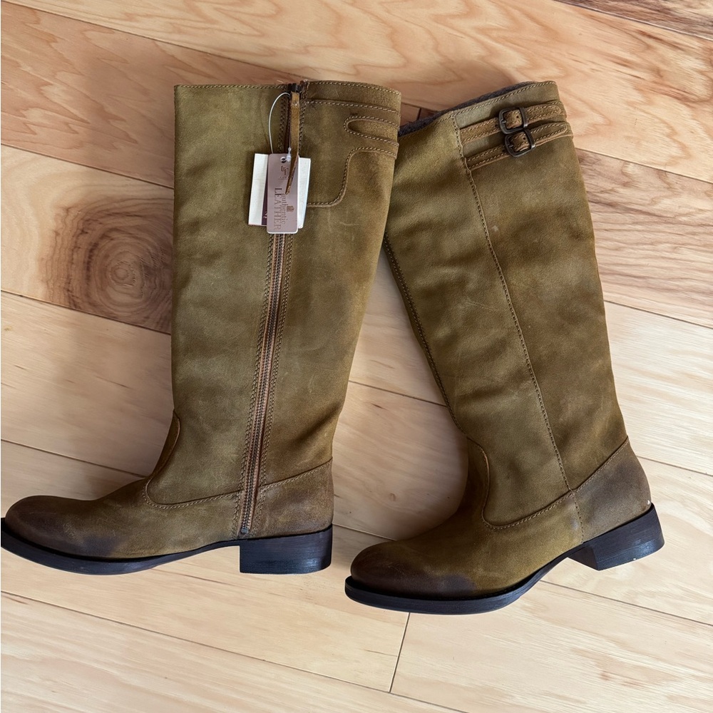ZARA Taupe Knee-High Leather Low Heel Boots